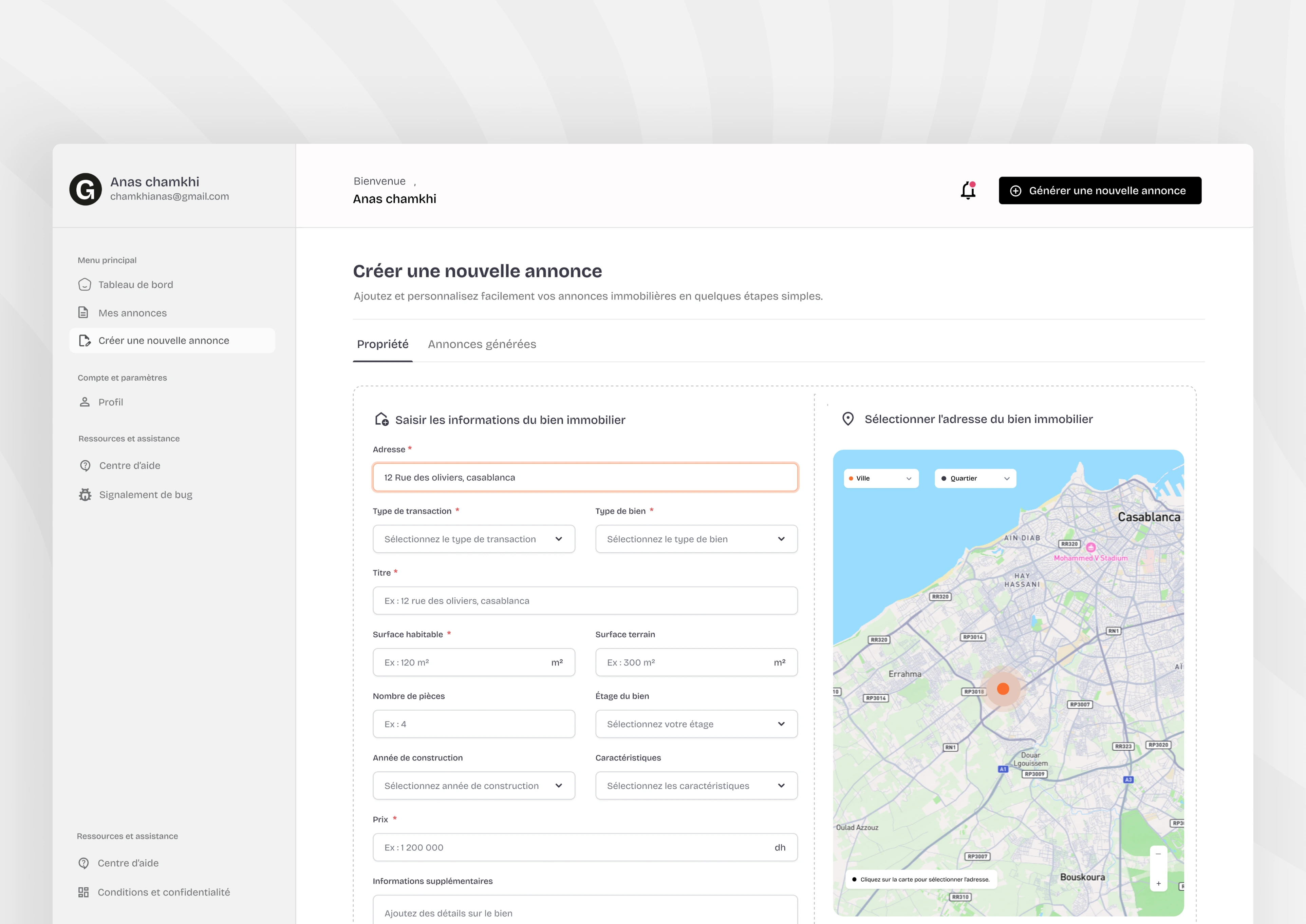 capture d'écrane genimmo générateur d’annonces immobilières casablanca ain diab